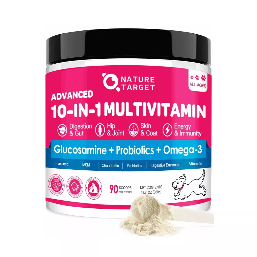 10-in-1 Multivitamin for Dogs & Cats, Glucosamine + Probiotics 5B CFUs + Omega-3, Chicken Flavor, 90 Servings