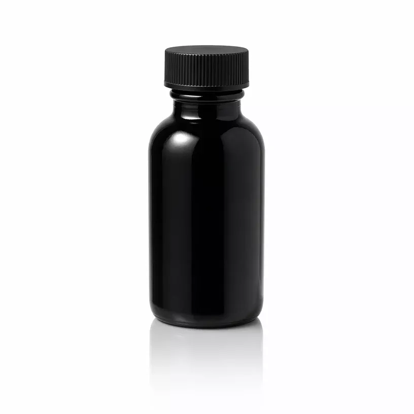 2 oz Black UV Glass Boston Round Bottle with Black Lid