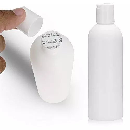 6 PCS Empty White HDPE Bottle 8 oz – Cosmo Round Plastic Bottles – 24/410 White Disc Cap – 24 mm PS Seal for Freshness – Approved for Safe Cosmetics