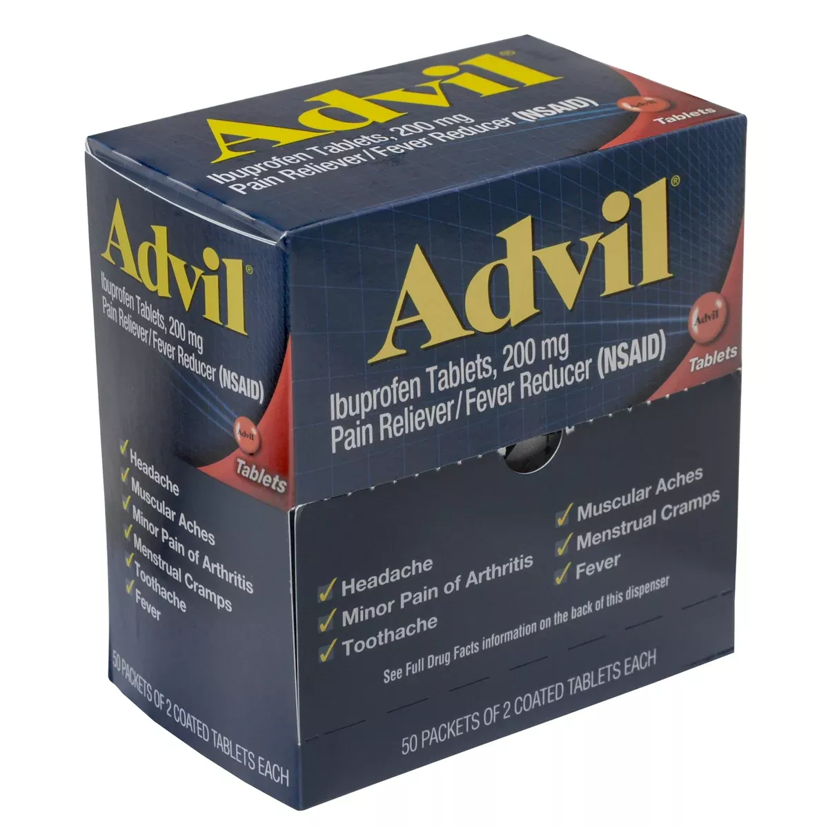 Advil Ibuprofen Tablets, Two-Pack, 50 Packs/Box – Effective Pain Relief