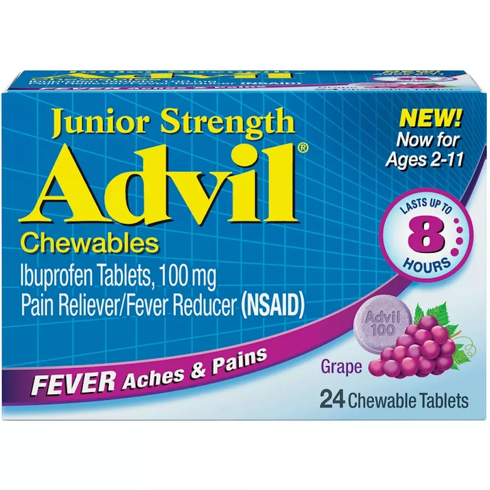 Advil Junior Strength Ibuprofen Fever Reducer Pain Reliever Grape Flavored 100Mg Chewable Tablets