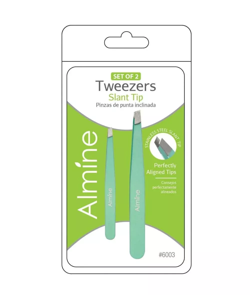 Almine Slant Tip Tweezers With Rubber Coating 2PC [Green] #6003