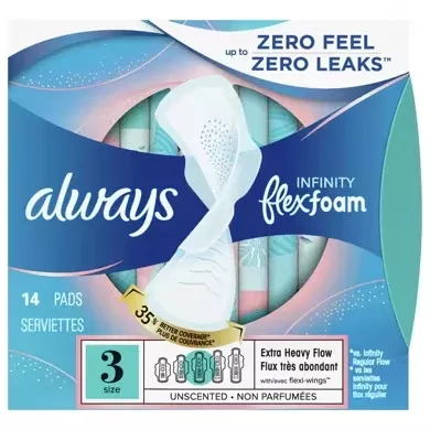 Always Infinity Flex Foam Extra Heavy Flow Pad with Wings, Size 3, 14-Pack