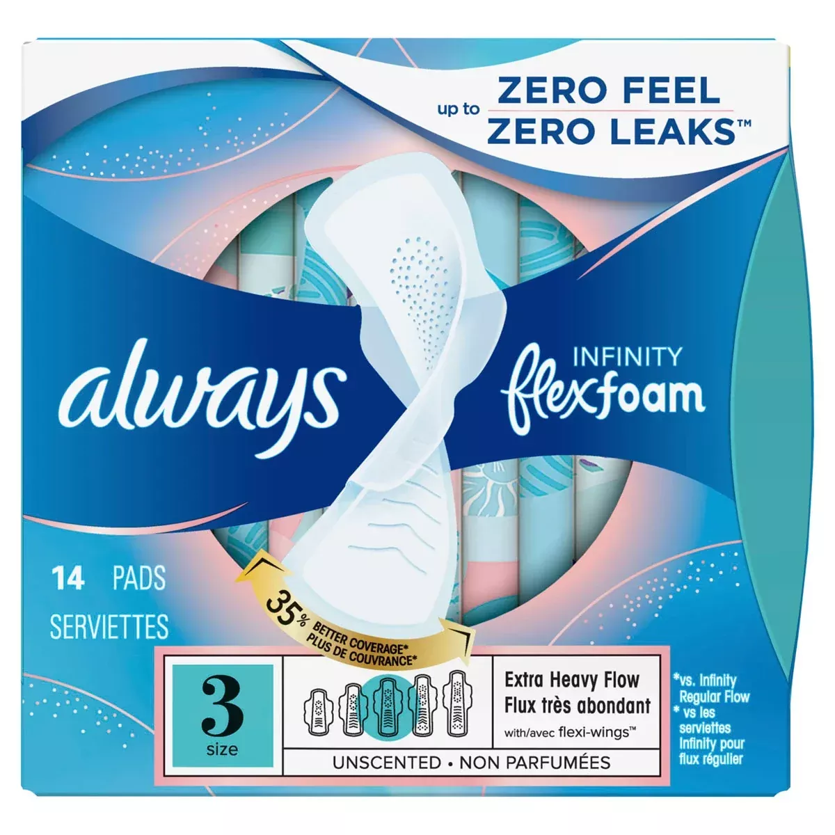 Always Infinity Size 3 Extra Heavy Flow Pads with Wings Unscented14 count