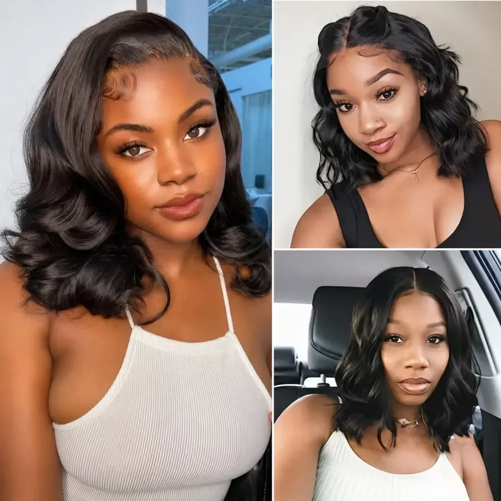 (Amberly) Body Wave Bob Human Hair HD Lace Front Wig 13×4, Glueless Wear and Go, Pre-Plucked with Baby Hair