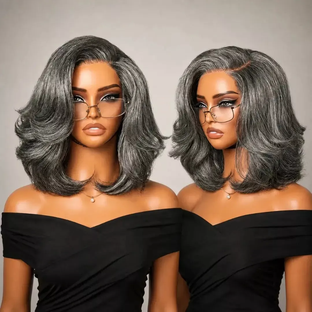 (Artemis) Grey Layered Bob Human Hair Wig, Glueless Wear and Go 5×5 HD Lace Closure 3D Dome Cap, Brazilian Wavy