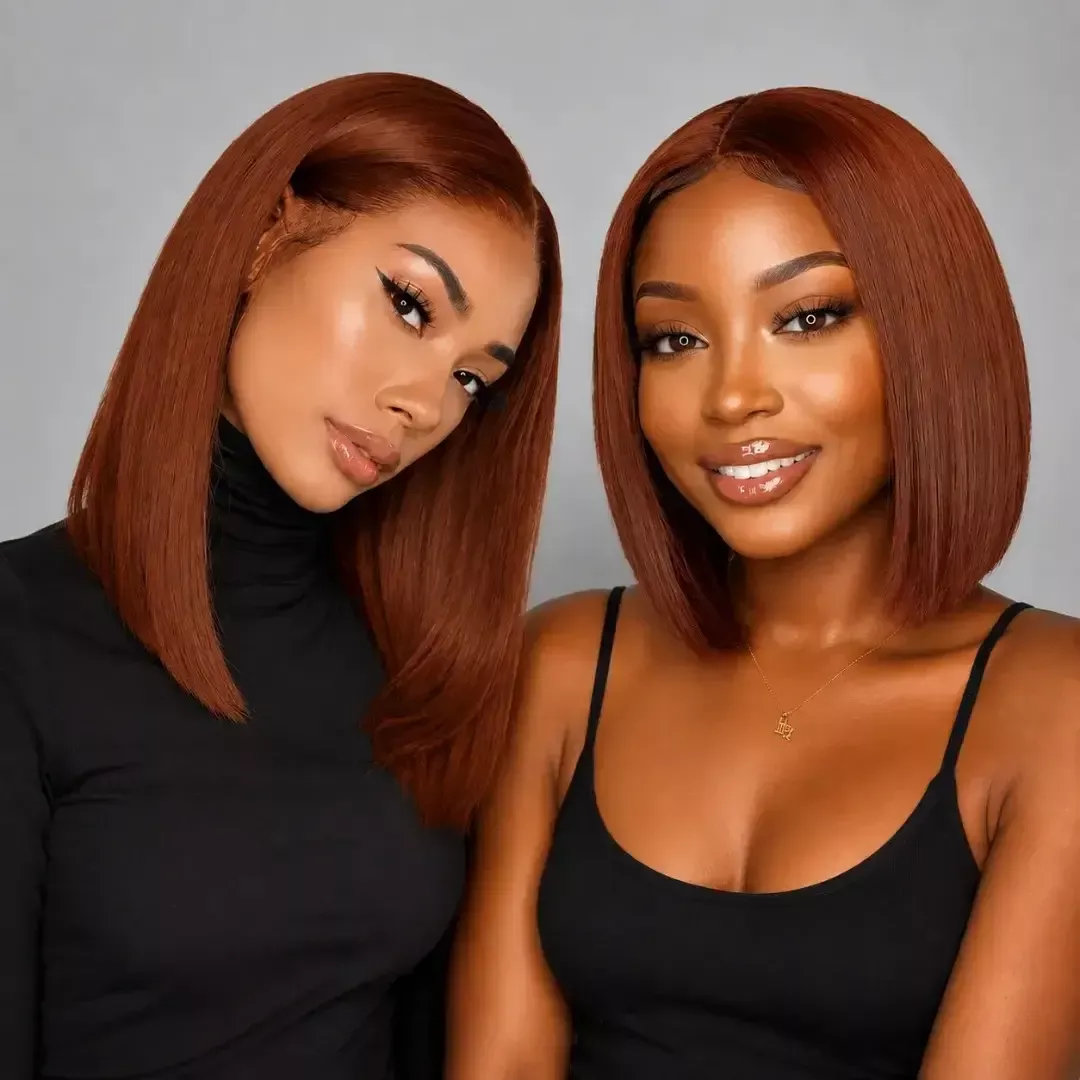(Athena) #33 Auburn Brown Short Bob Human Hair HD Lace Middle Part Wig, Natural Brown Pre-Plucked Style