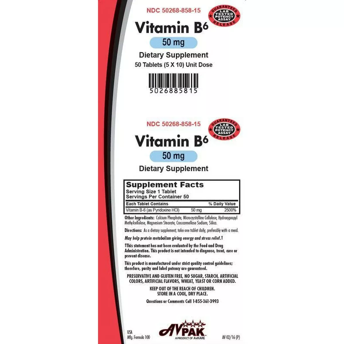AvKARE Vitamin B6 Tablets, 50mg