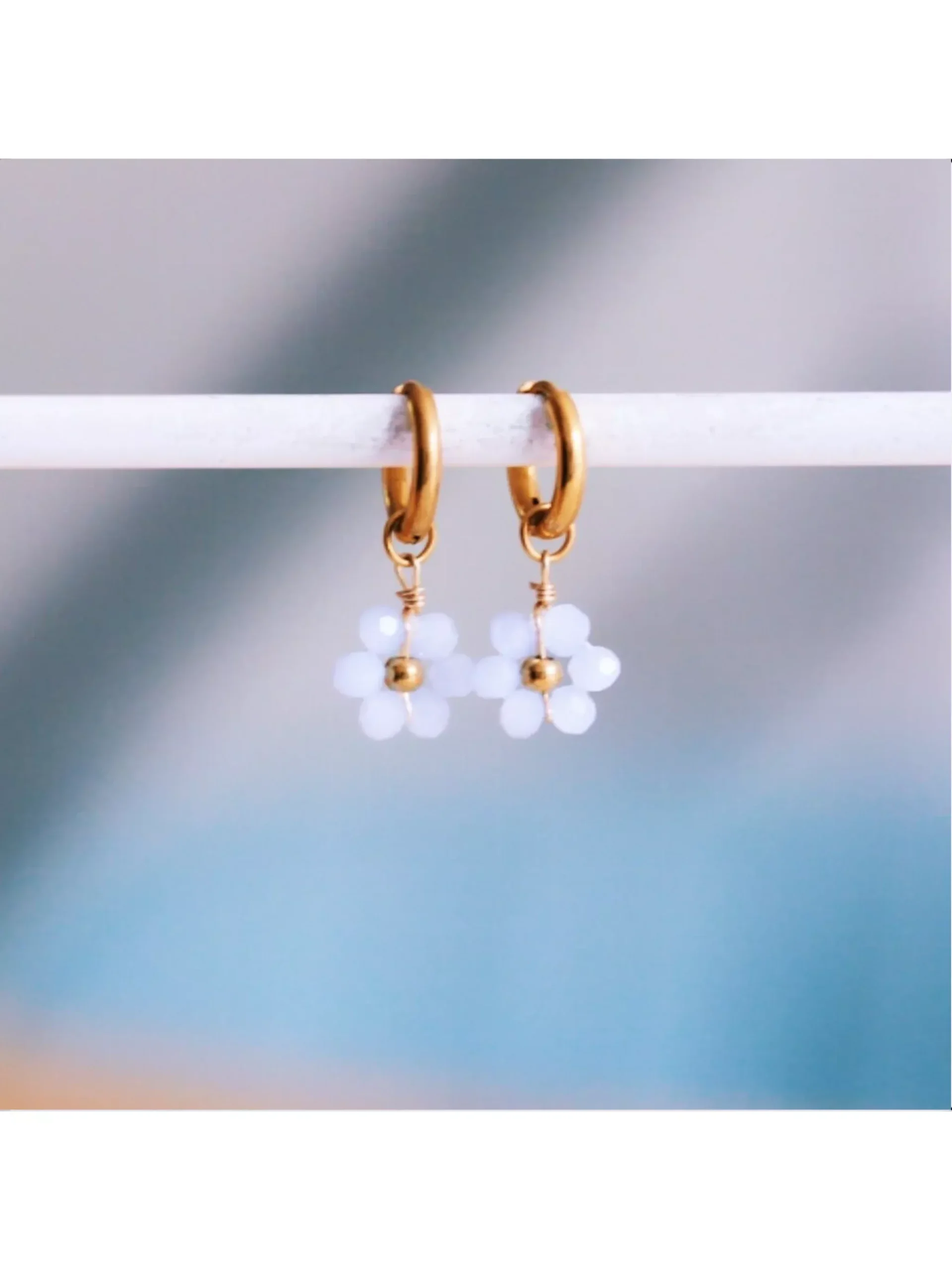 Bazou Faceted Daisy Hoop Earrings Light Blue & Gold