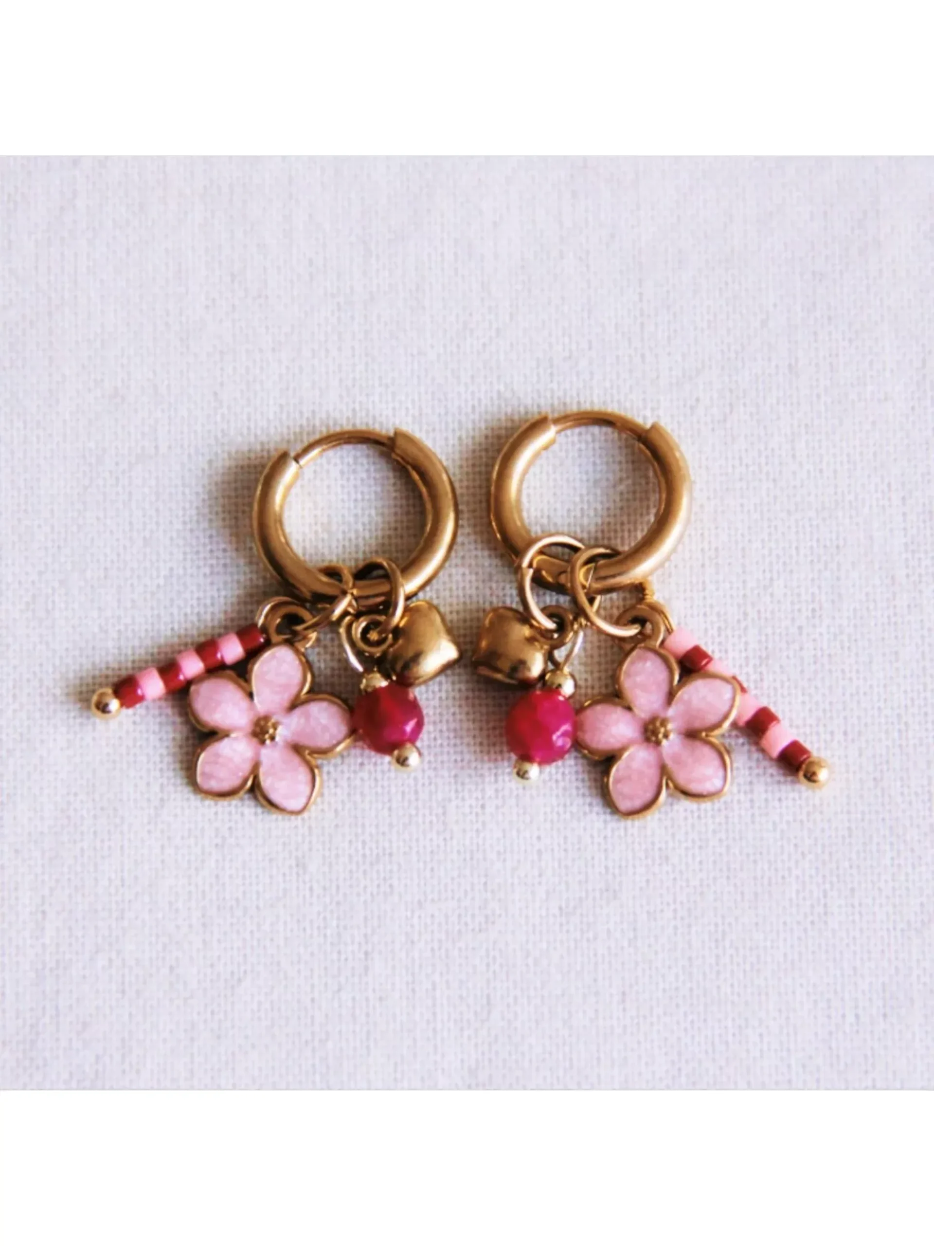 Bazou Flower & Mini Heart Earrings Pink & Gold