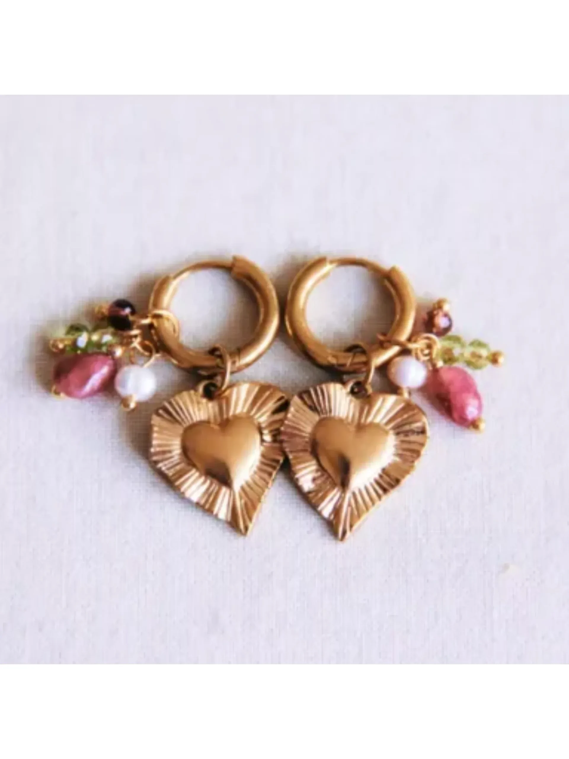Bazou Heart & Cluster Hoop Earrings Pink & Gold