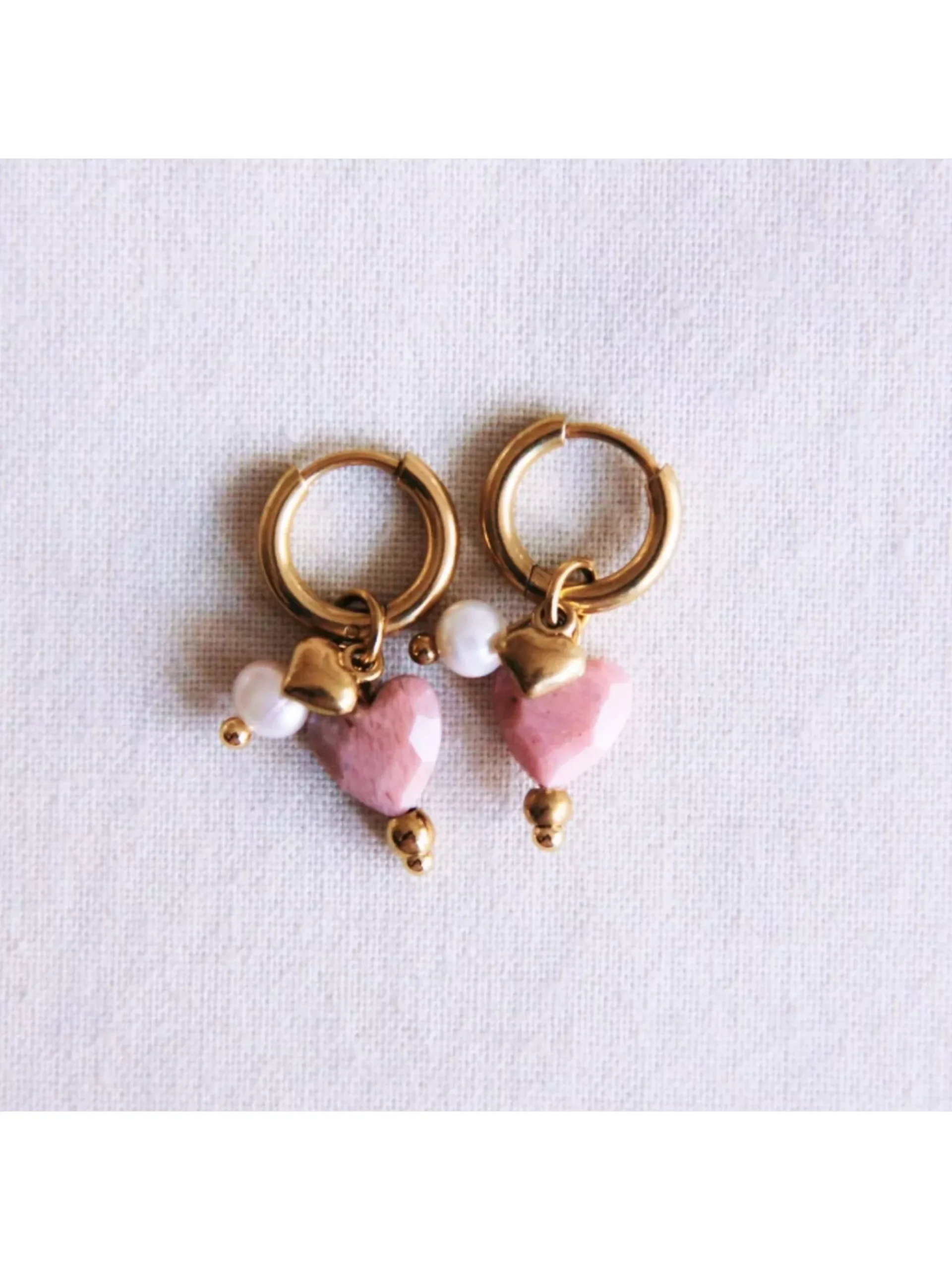Bazou Heart & Pearl Hoop Earrings Pink & Gold