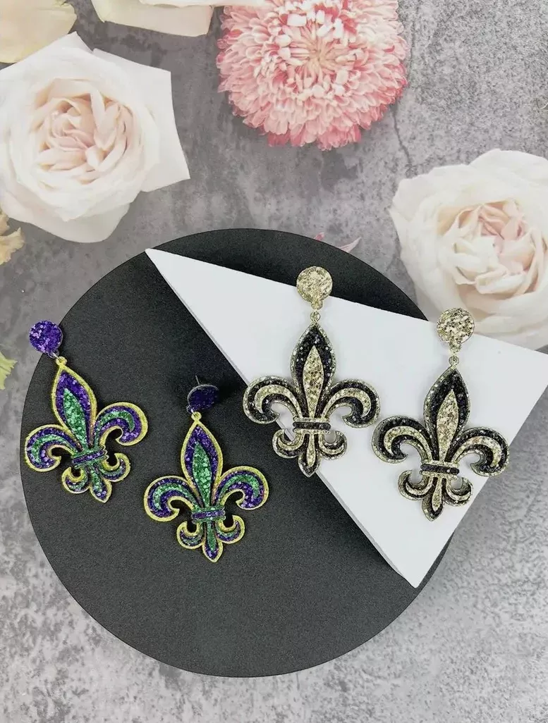 Fleur De Lis Glitter Leather Post Earring