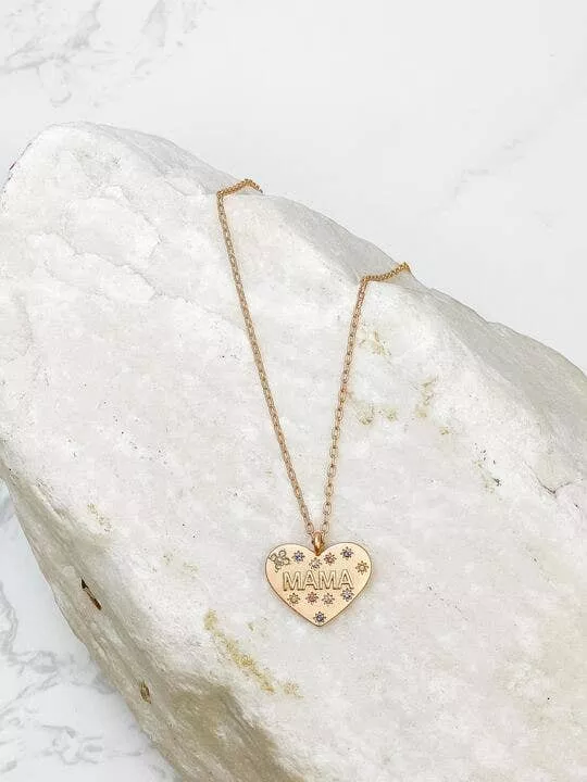 ‘Mama’ Gold Rhinestone Heart Necklace