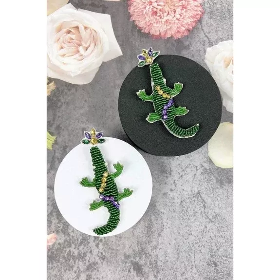 Mardi Gras Crocodile Seed Bead Drop Post Earring