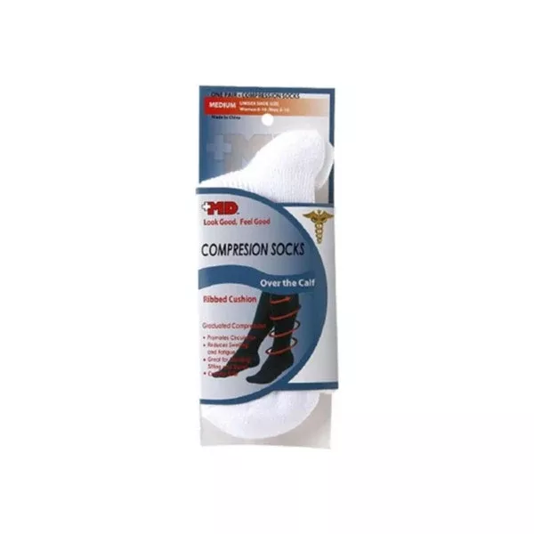 +MD Unisex Ribbed Compression Socks, Over the Calf, White, Medium – Graduated Compression for Circulation & Support (1 Pair)