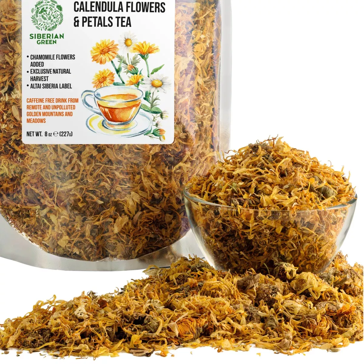 Siberian Green Calendula & Chamomile Tea – Wild Harvested Caffeine-Free (227g / 8 oz)