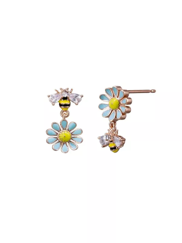 Tiger Tree Daisy Bee Earrings Blue & Rose Gold