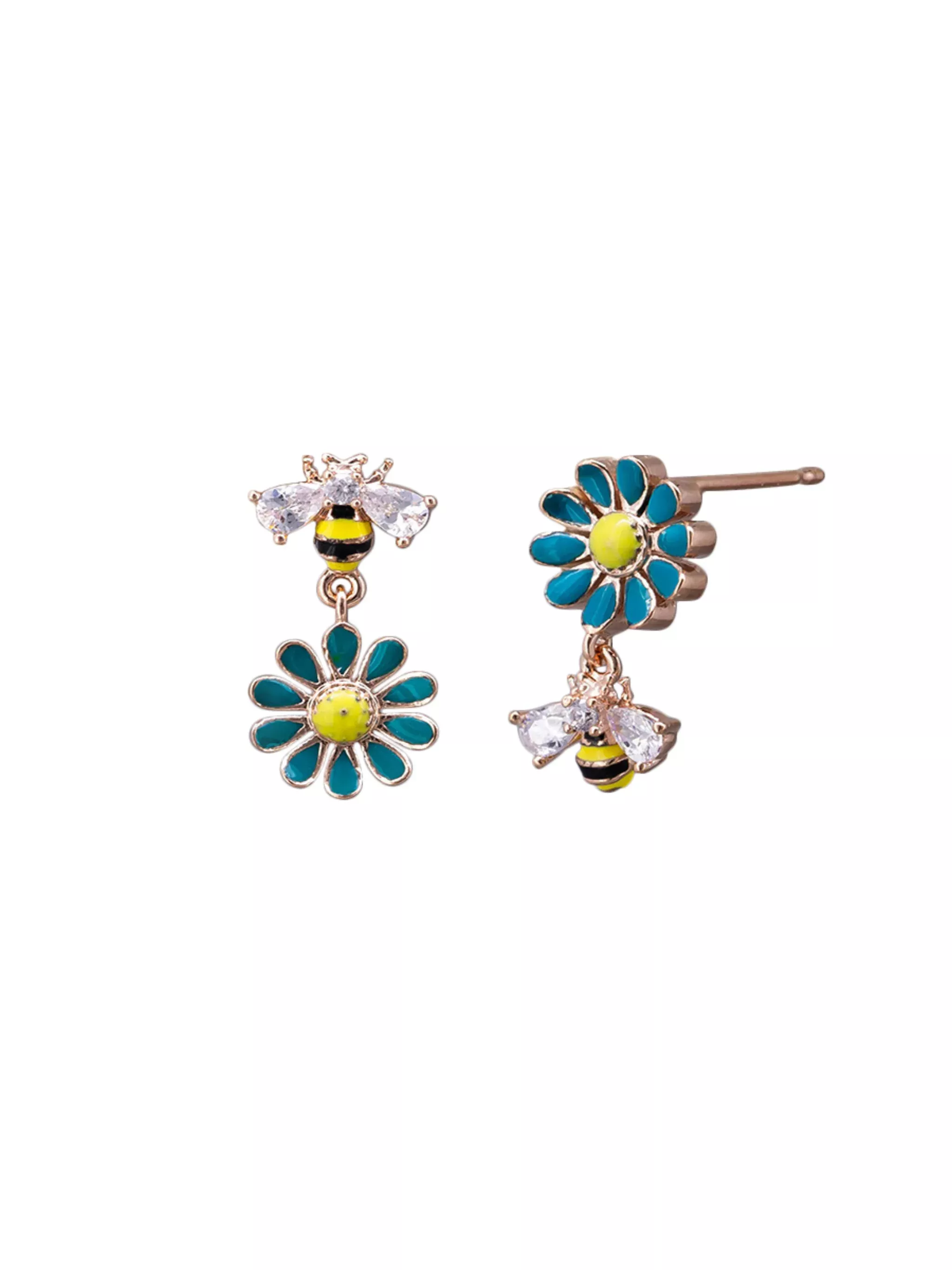 Tiger Tree Daisy Bee Earrings Teal & Rose Gold