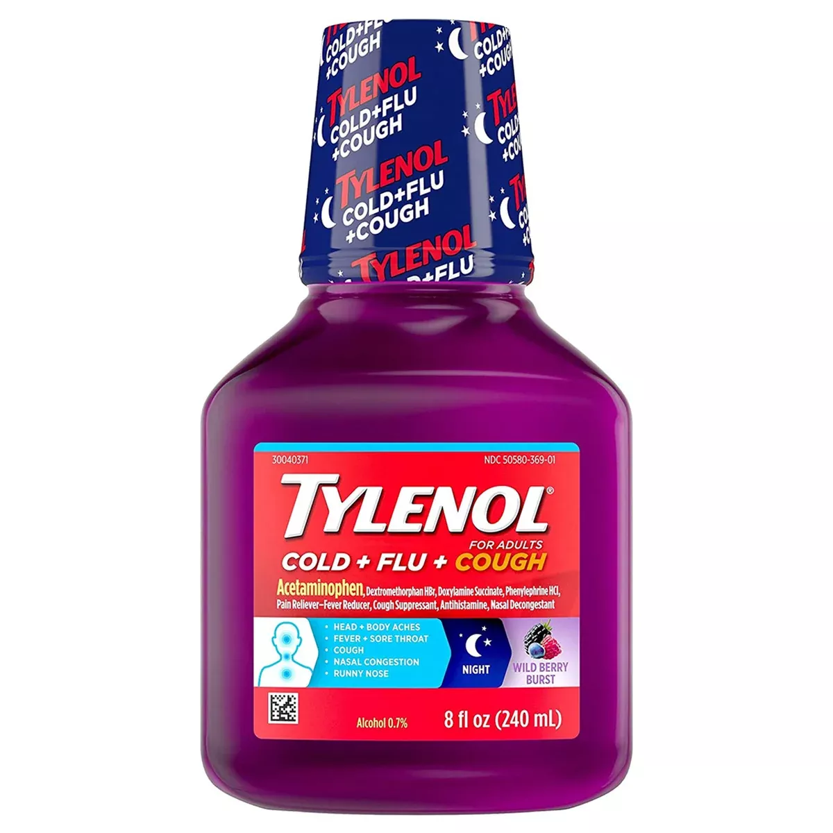 Tylenol Cold + Flu + Cough Night Wild Berry Burst Liquid For Adults, 8 Fl Oz