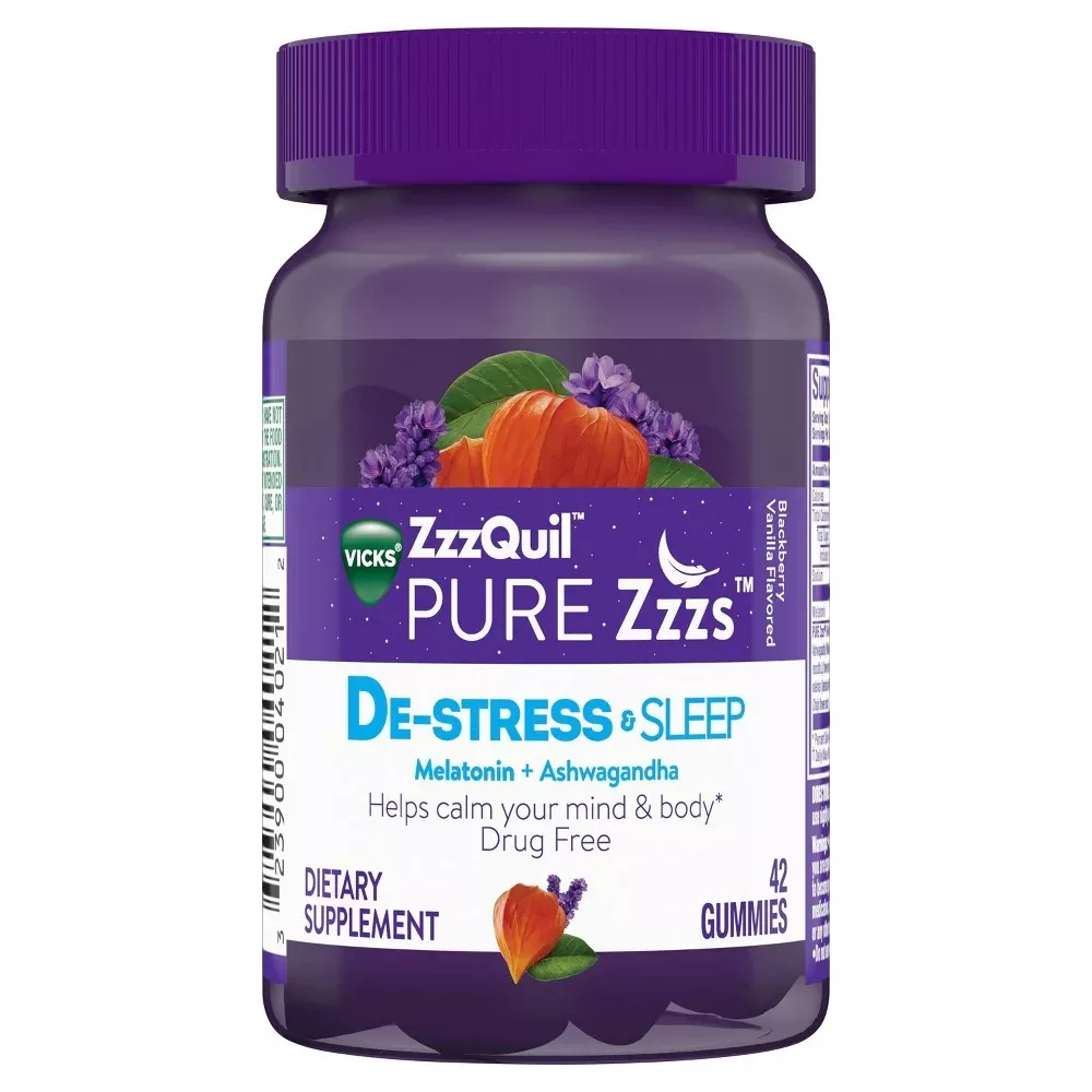 Vicks Pure Zzzs De-Stress & Sleep Melatonin + Ashwagandha Gummies – Blackberry Vanilla
