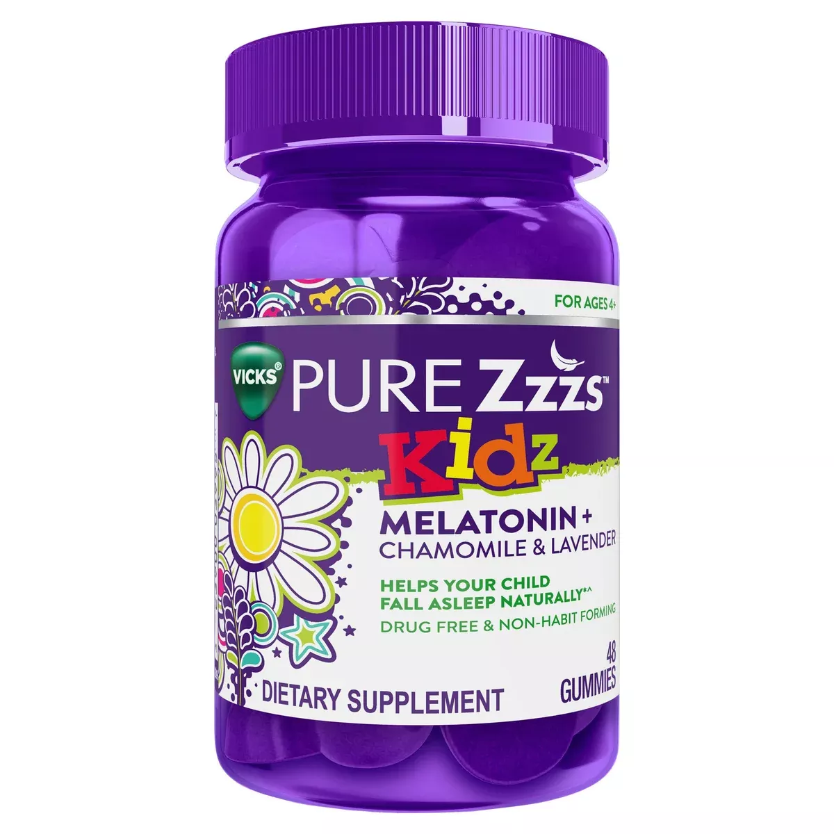 Vicks Pure ZZZs Kidz Melatonin Gummies, Natural Berry, 48 Count
