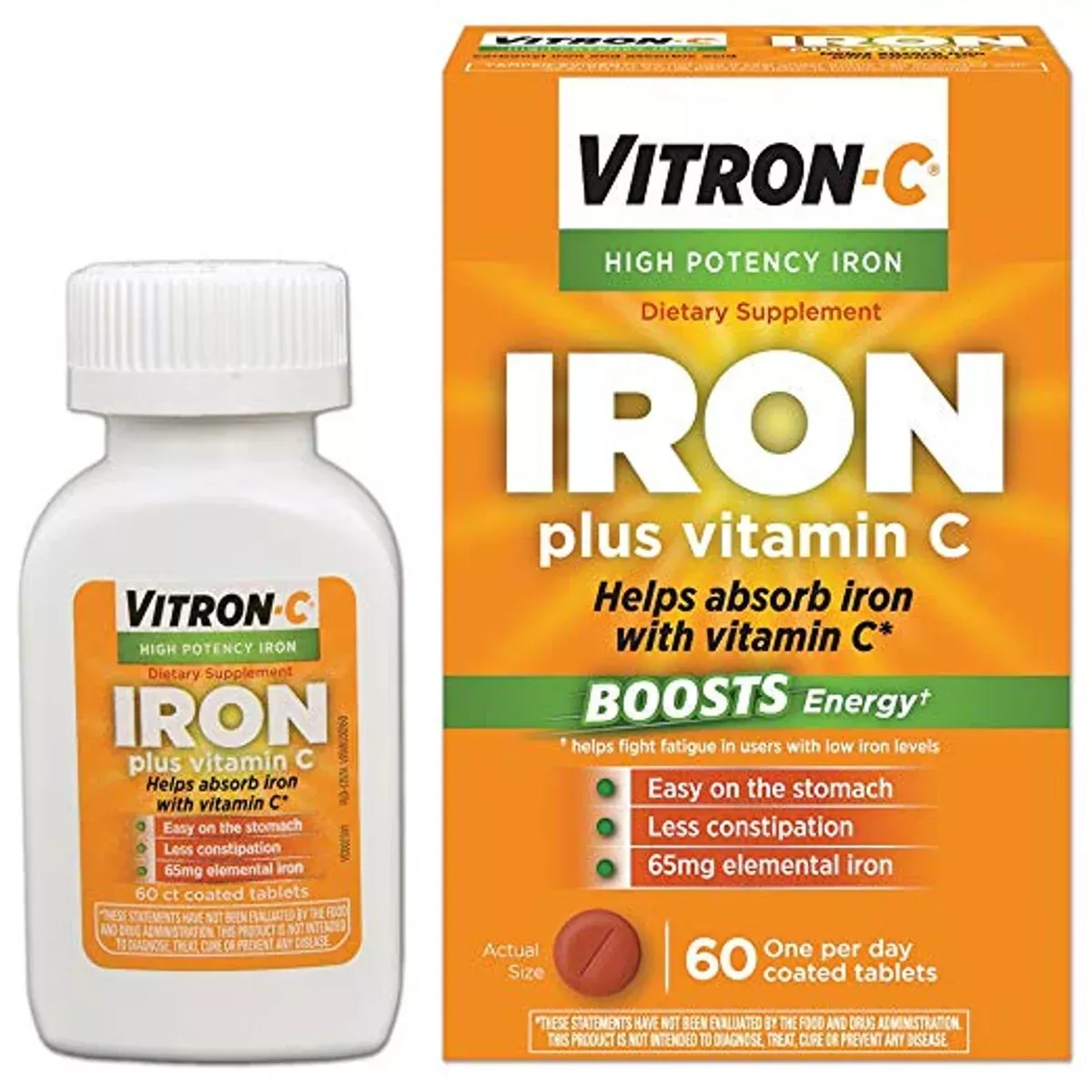 Vitron-C Iron Supplement with Vitamin C, High Potency Iron for Energy Support, 60 Coated Tablets