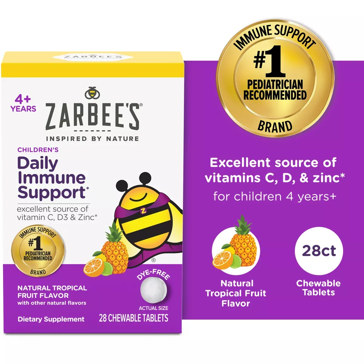 Zarbee’s Children’s Daily Immune Support, 4+ Years, Natural Tropical Fruit, 28 Chewable Tablets