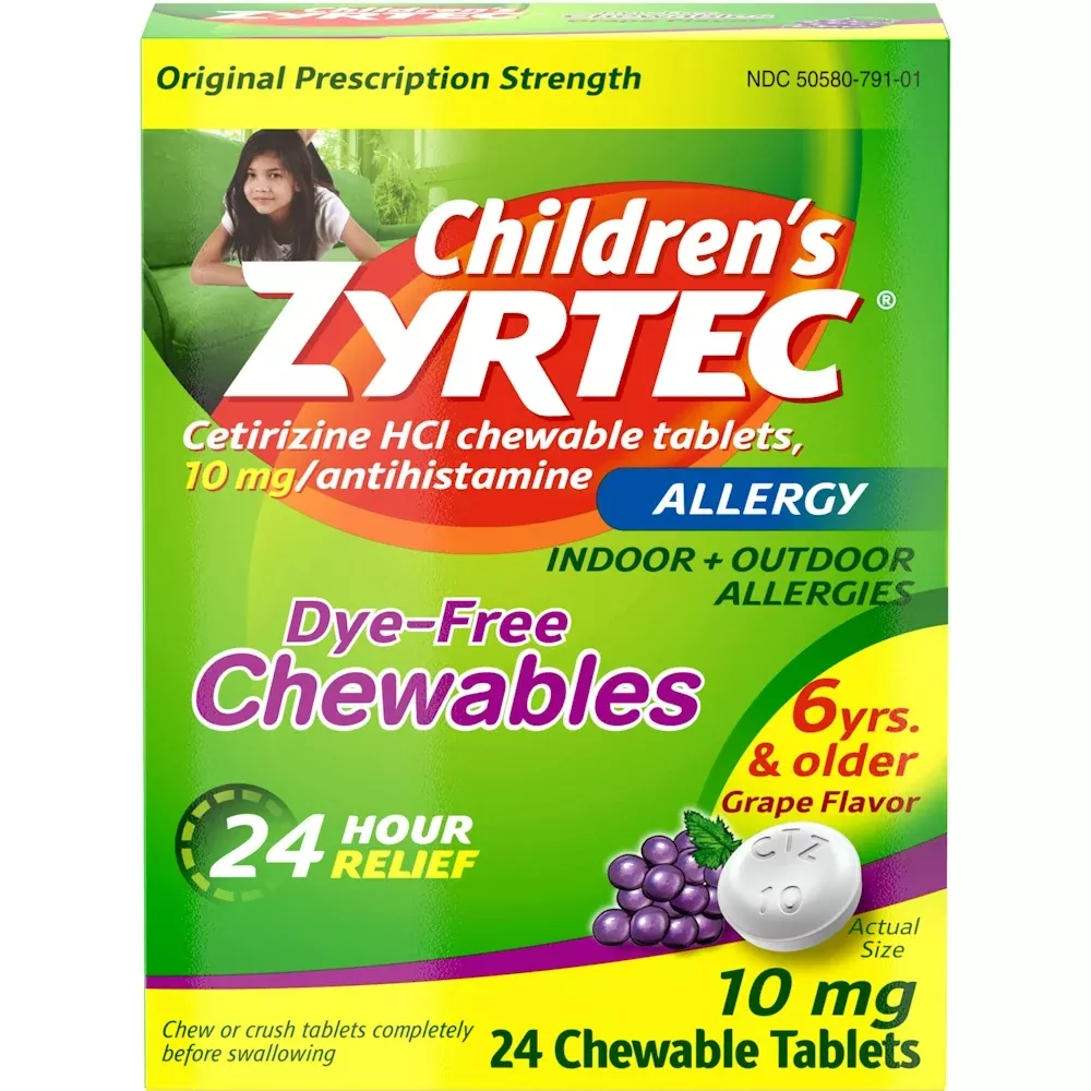 Zyrtec Allergy, Original Prescription Strength, 10 Mg, Chewable Tablets, Grape Flavor, Children’s